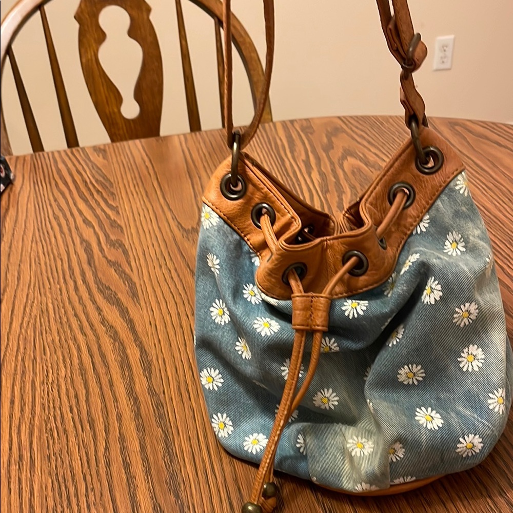 Arizona Jean Company Blue and Tan Shoulder Bag with Hobo Shape and Leather Trim